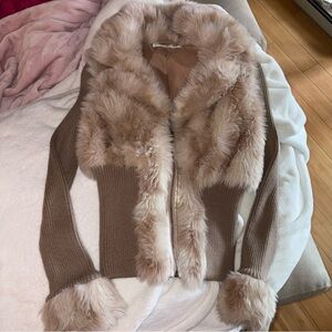 Rare Boston Proper Faux Fur Collared Zip Up Sweater Cardigan